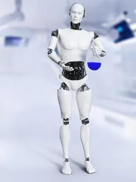 3D rendering of male robot doing a science experiment. Stock Illustration