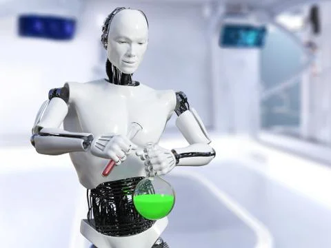 3D rendering of male robot doing a science experiment. Stock Illustration