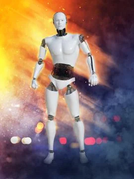 3D rendering of male robot with fire and smoke. Stock Illustration