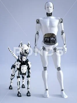 3D rendering of male robot with a futuristic robot dog. Stock Illustration