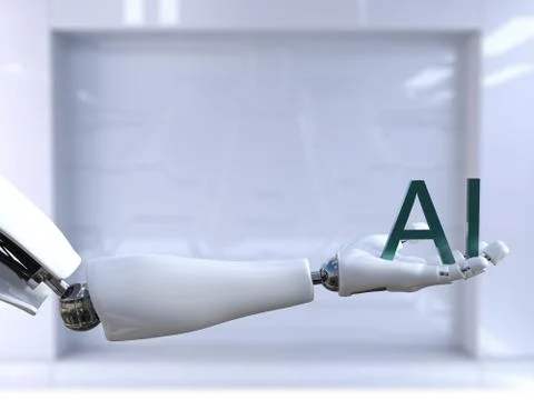 3D rendering of male robot hand holding the letters AI. Stock Illustration