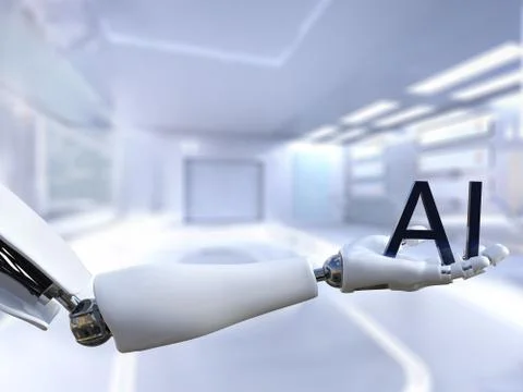 3D rendering of male robot hand holding the letters AI. Stock Illustration