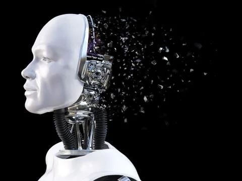 3D rendering of male robot head that shatters. Stock Illustration