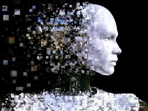 3D rendering of male robot head that shatters. Stock Illustration