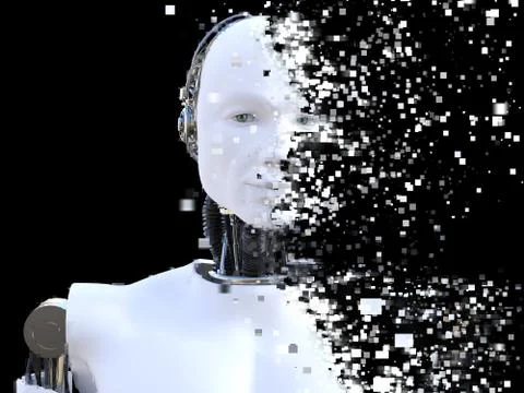 3D rendering of male robot head that shatters. Stock Illustration