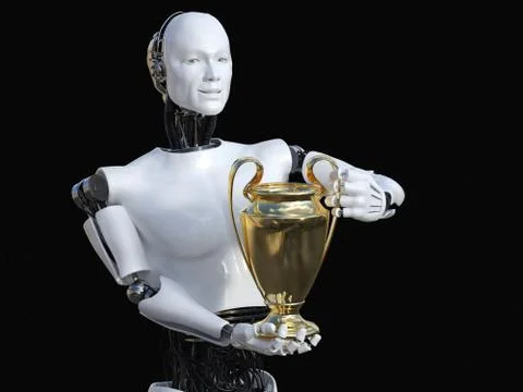 3D rendering of male robot holding trophy award. Stock Illustration