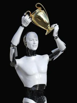 3D rendering of male robot holding trophy award. Stock Illustration
