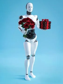 3D rendering of male robot holding a bouquet of roses. Stock Illustration