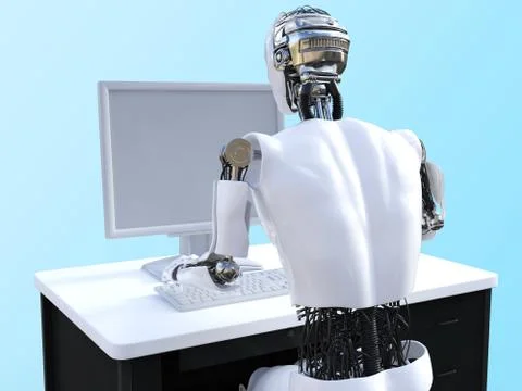 3D rendering of male robot sitting at computer. Illustrazione stock