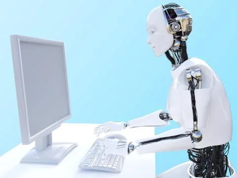 3D rendering of male robot sitting at computer. Stock Illustration