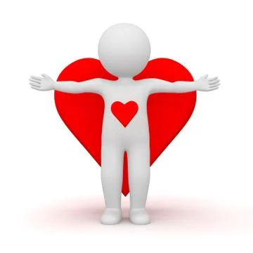 3D Rendering of a man against a big heart shape Stock Illustration