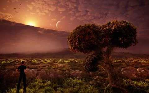 A 3D rendering of a man in the countryside landscape and green fresh grass un イラスト素材