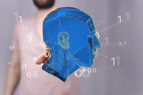 A 3D rendering of a man pointing at a blue human head - Artificial intelligen 스톡 사진