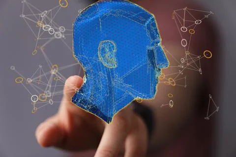 A 3D rendering of a man pointing at a blue human head - Artificial intelligen 스톡 사진