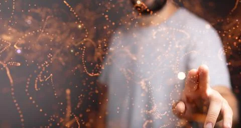 3D rendering of a man pointing at connecting dots - Concept of communication Stock Photos