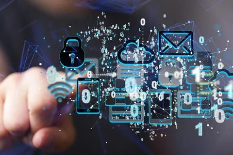 3D rendering a man-pointing at data Internet infrastructure concept Stock Photos