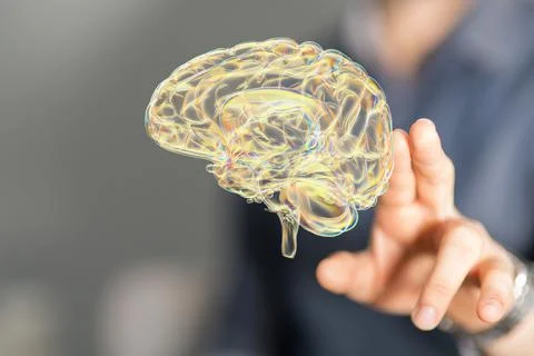 3D rendering of a man pointing at a human brain anatomical model Foto stock