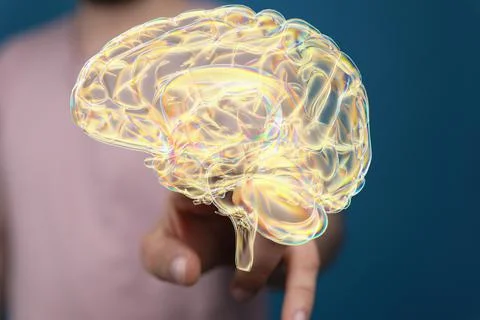 3D rendering of a man pointing at a human brain anatomical model Foto stock