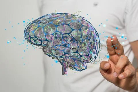 3D rendering of a man pointing at a human brain anatomical model Foto stock