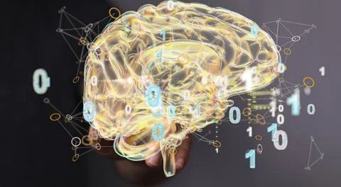 A 3D rendering of a man pointing at a human brain - Artificial intelligence c Foto stock