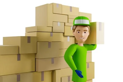 3D rendering. A man in uniform from a delivery service with a box in his hand Stock Illustration