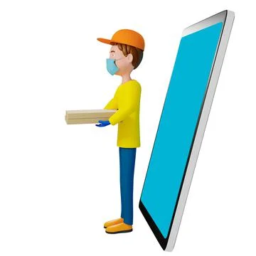 3D rendering. A man in uniform from a delivery service with a box in his hand 스톡 일러스트