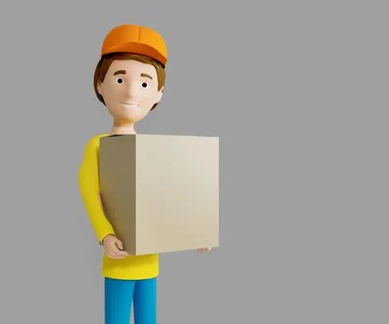3D rendering. A man in uniform from a delivery service with a box in his hands. Stock Illustration
