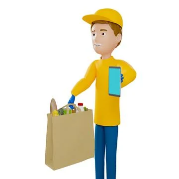 3D rendering. A man in uniform from a delivery service with a box in his hands. Illustrazione stock