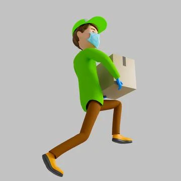 3D rendering. A man in uniform from a delivery service with a box in his hands. Illustrazione stock