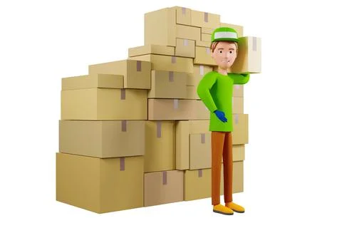 3D rendering. A man in uniform from a delivery service with a box in his hand Illustrazione stock