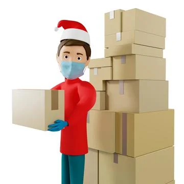 3D rendering. A man in uniform from a delivery service with a box in his hand Stock Illustration