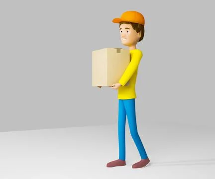 3D rendering. A man in uniform from a delivery service with a box in his hand Stock Illustration