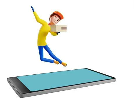 3D rendering. A man in uniform from a delivery service with a box in his hands. Stock Illustration