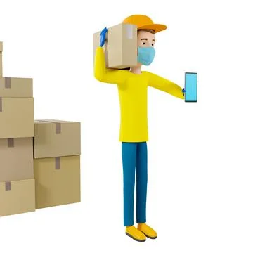 3D rendering. A man in uniform from a delivery service with a box in his hands. イラスト素材