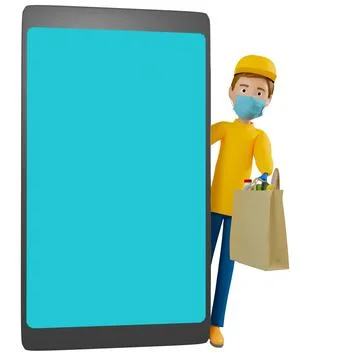 3D rendering. A man in uniform from a delivery service with a box in his hands. Illustrazione stock