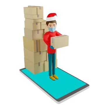 3D rendering. A man in uniform from a delivery service with a box in his hands. イラスト素材