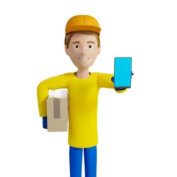 3D rendering. A man in uniform from a delivery service with a box in his hands. Stock Illustration