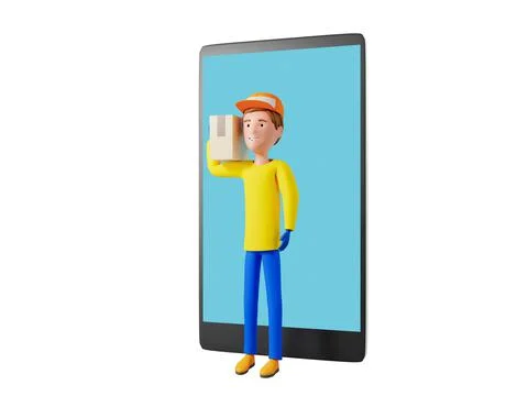 3D rendering. A man in uniform from a delivery service with a box in his hands. Illustrazione stock