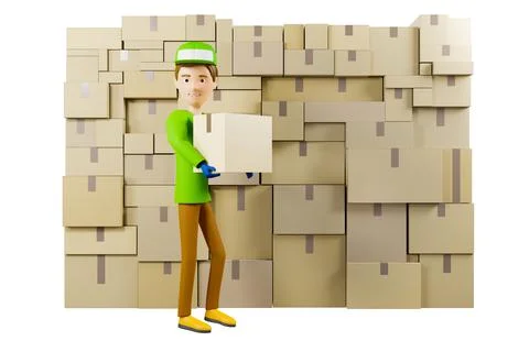 3D rendering. A man in uniform from a delivery service with a box in his hands. Illustrazione stock
