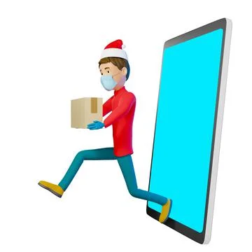 3D rendering. A man in uniform from a delivery service with a box in his hand Illustrazione stock