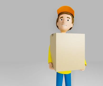 3D rendering. A man in uniform from a delivery service with a box in his hand Stock Photos