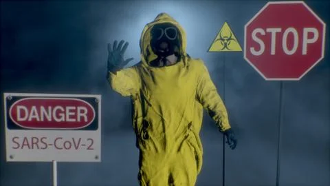 3D rendering. A man in a yellow hazmat suit makes a stop hand gesture Stock Illustration