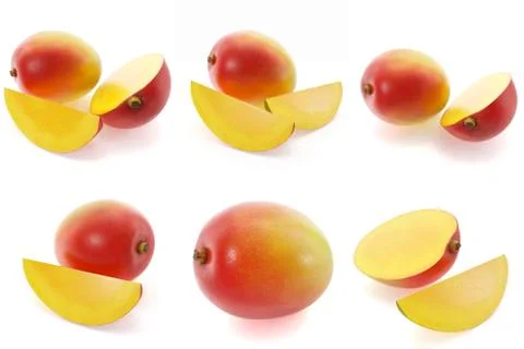 3d rendering mango set. Mango whole and pieces, sweet fruit, realistic Stock Illustration