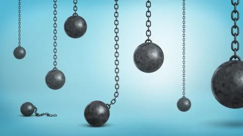 3d rendering of a many black iron wrecking balls hanging on chains and fallen Stock Illustration