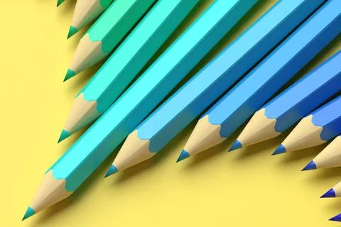 3d rendering of many blue pencils on a yellow background Illustrazione stock