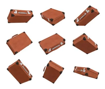 3d rendering of many brown vintage suitcases in closed state hanging on white Stock Illustration