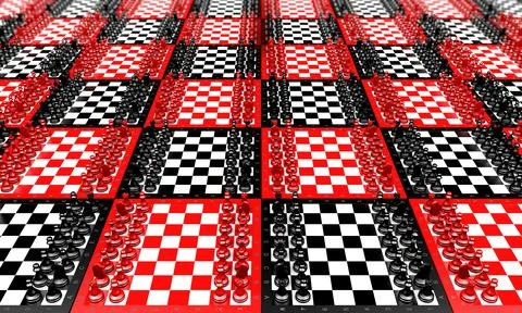3D rendering many chess boards with chess pieces Stock Illustration