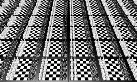 3D rendering many chess boards with chess pieces Stock Illustration