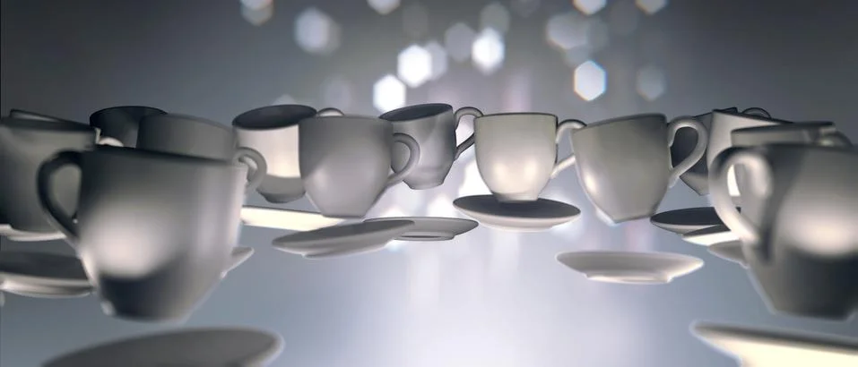 3d rendering of many coffee cups floating in zero gravity. Stock-Illustration