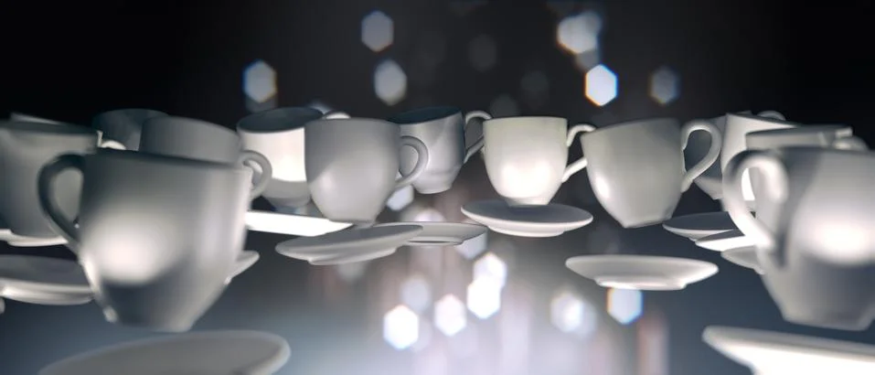 3d rendering of many coffee cups floating in zero gravity. Stock-Illustration
